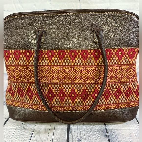 John Heaton Weekender Dark Chocolate Brown Leather Tapestry Boho Shoulder Purse - Picture 1 of 12